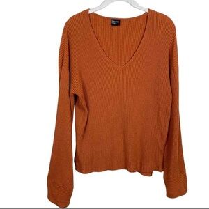 Rust Ribbed V-Neck Sweater by Free Press size L